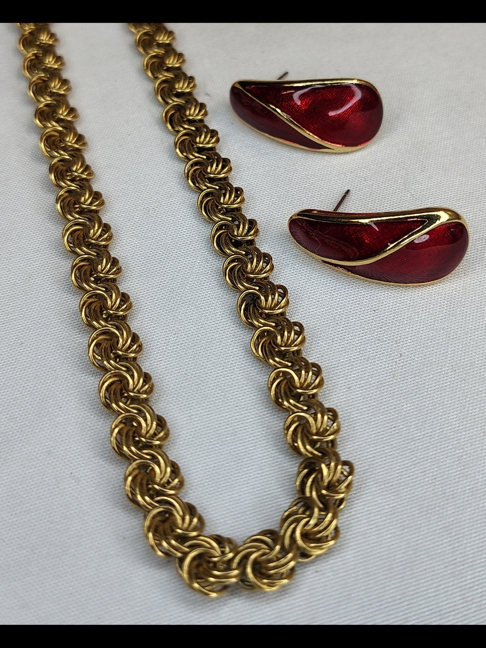 Trifari Gold-Tone Twisted Rope Necklace with Red Enamel Earrings